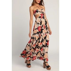 Lulu’s Midsummer Moment Black Floral Print Cutout Halter Maxi Dress